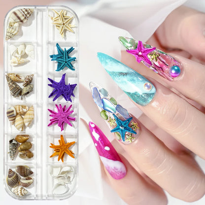 12-Grids Shell Starfish Conch Stone Nail Art Charms Sea Series 3D Irregular Slice Fragments Flakes Nail Art Rhinestones