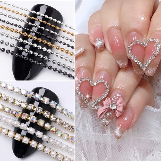 100CM Metal Chain Nail Art Charm Rhinestone Gold Silver Alloy Nail Art Decorations Chains DIY Design Manicure Jewelry Accessory