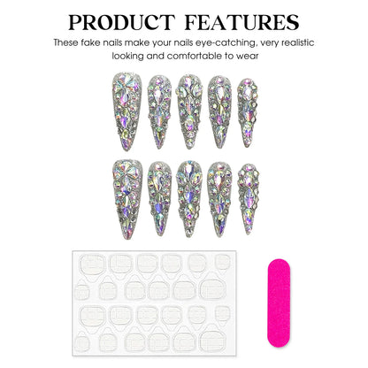 Handmade Press On Nails Luxury Long Fake Nails Stiletto Wearable Full Flash Rhinestones False Nails With Designs Almond Nail Tip