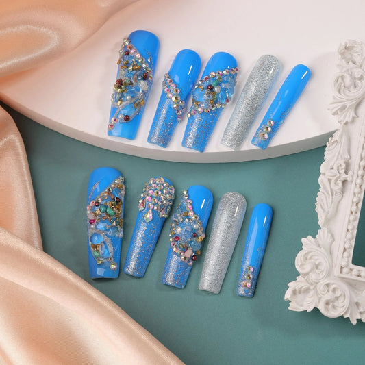 10Pcs Bright Blue False Nails Shimmer Super Long Coffin Press on Nails Butterfly Wearable Fake Nails Party Drama Finger Nail