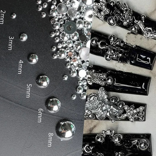 100pcs 3D Punk Silver Pearl Nail Art Charm Luxury Dark Hip Gothic Design Nail Rhinestones  DIY Manicure Tips Nail Accessories