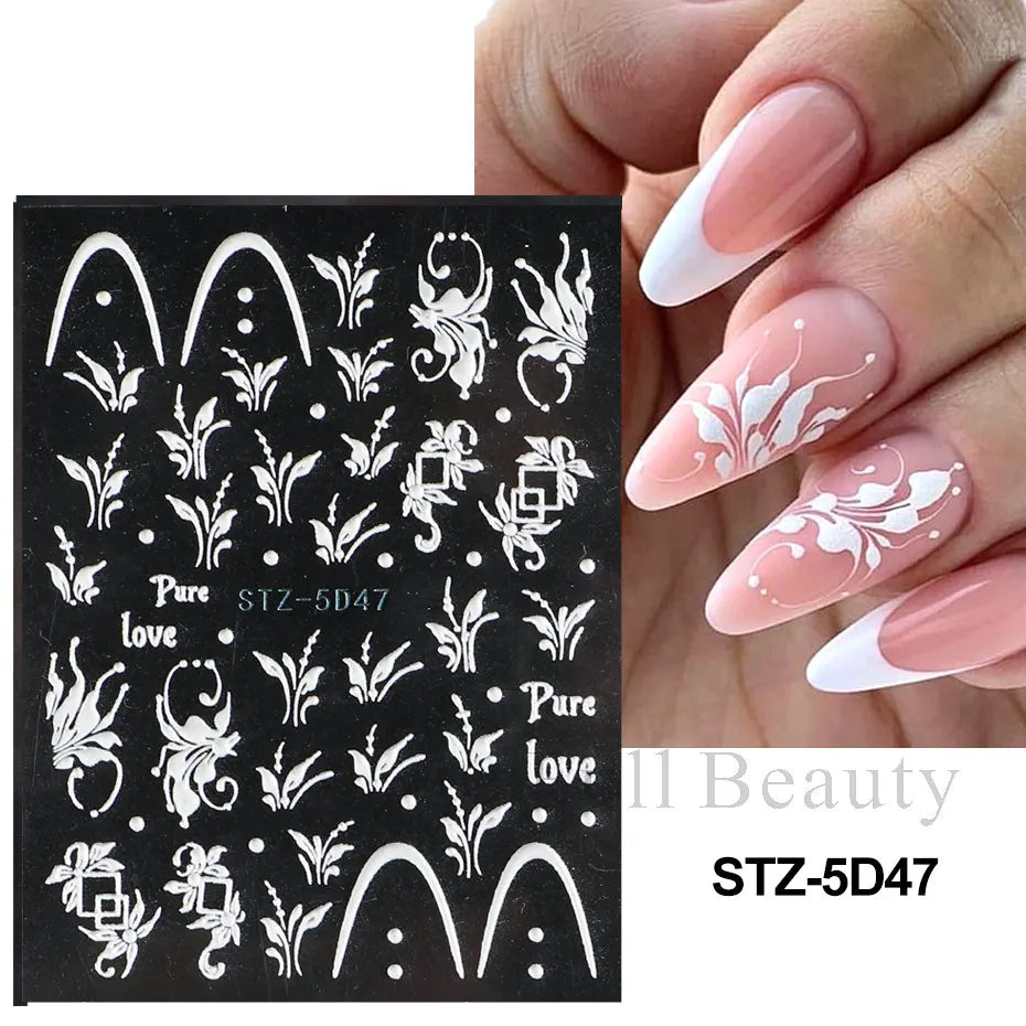 5D Pink Embossed Flowers Nail Sticker White Acrylic Lace Butterfly Adhesive Sliders Elegant Nail Art Decorations LASTZ-5D53