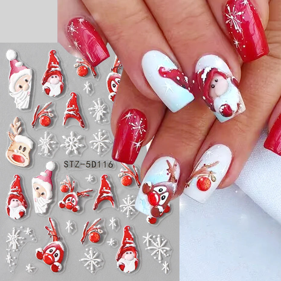 5D Christmas Nail Stickers Cartoon Elk Santa Claus Snowflakes New Year Sliders Festive Embossed Nail Art Decals Decoration