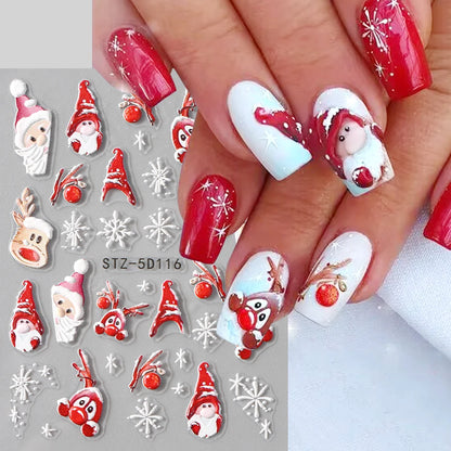 5D Christmas Nail Stickers Cartoon Elk Santa Claus Snowflakes New Year Sliders Festive Embossed Nail Art Decals Decoration