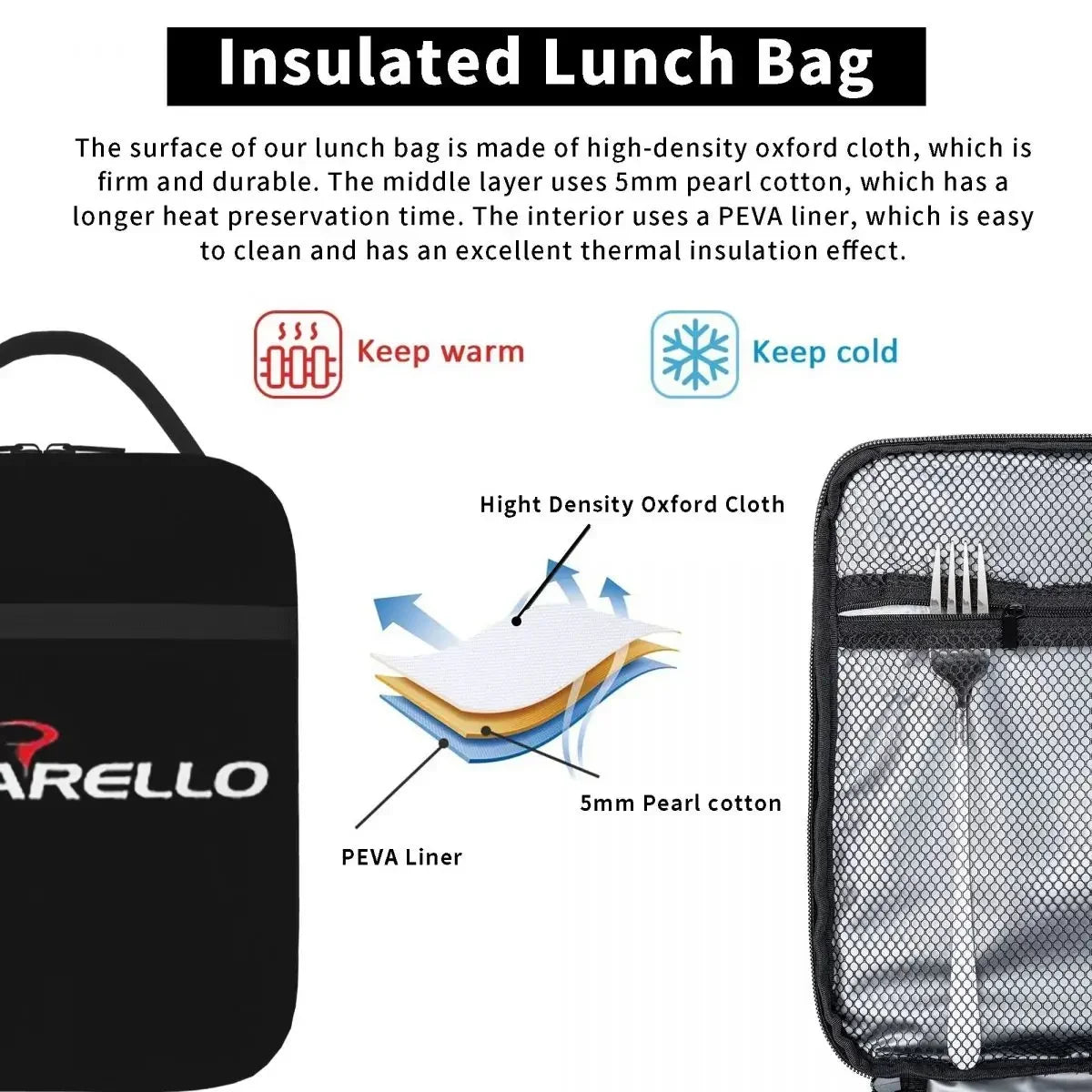 White Script Pinarello Bikes Insulated Lunch Bags Picnic Bags Thermal Cooler Lunch Box Lunch Tote for Woman Work Children School