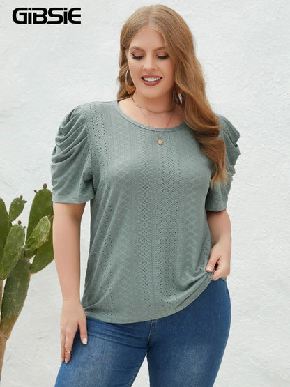 GIBSIE Plus Size Solid O-Neck Leg of Mutton Sleeve Blouse Women Fashion 2023 New Summer Office Casual Women's Blouses Tops