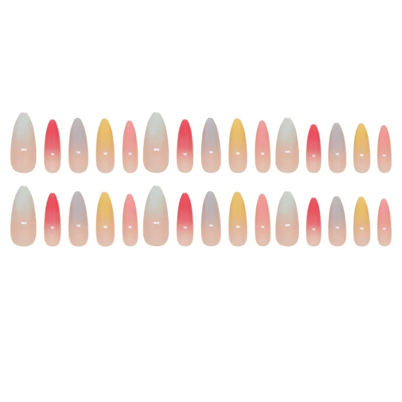 24Pcs Rainbow Almond False Nails with Glue Long Simple Fake Nails French Acrylic Nail Press on Full Over Wearable Nail Tips