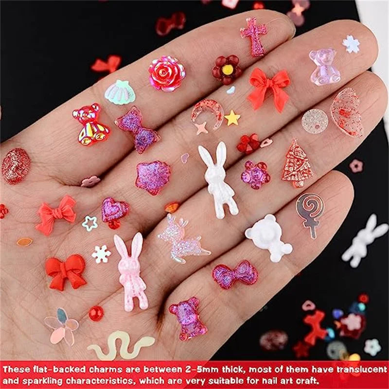 50PCS Mixed Kawaii Resin Nail Art Charms 3D Flower Bow Animals Rhinestones Nail Decorations DIY Manicure Professional Supplies