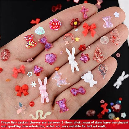 50PCS Mixed Kawaii Resin Nail Art Charms 3D Flower Bow Animals Rhinestones Nail Decorations DIY Manicure Professional Supplies