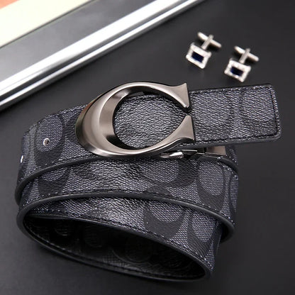 Fashion Light Luxury C-Headed Men's Double Sided Belt Cowhide Embossed Belt Business Belt Printing Daily Matching Jeans Belt