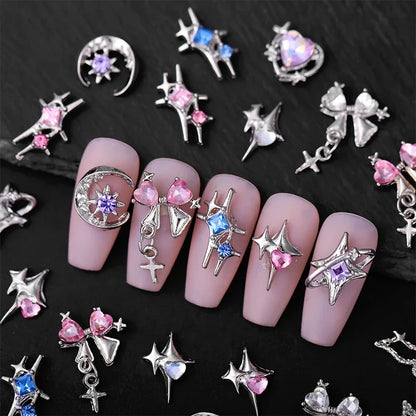 5/10Pcs Manicure Metal Silver Pink Blue Purple Heart Butterfly Rhinestones 3D Nail Decorations DIY Nail Art Charms Accessories