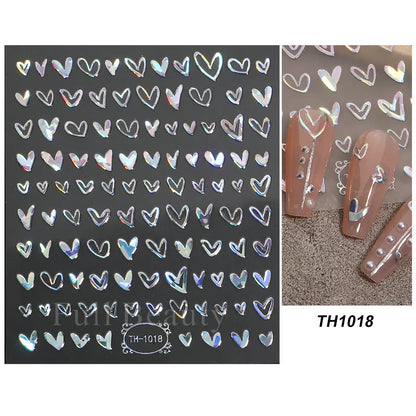 3D Holographic Silver Wave Lines Nail Sticker Decor Laser Heart Star Moon Adhesive Sliders Metal Geometry Stripe Manicure TH182