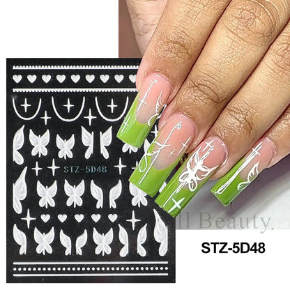 5D Pink Embossed Flowers Nail Sticker White Acrylic Lace Butterfly Adhesive Sliders Elegant Nail Art Decorations LASTZ-5D53