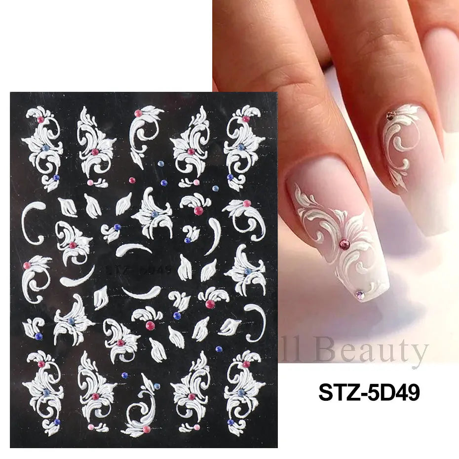 5D Pink Embossed Flowers Nail Sticker White Acrylic Lace Butterfly Adhesive Sliders Elegant Nail Art Decorations LASTZ-5D53