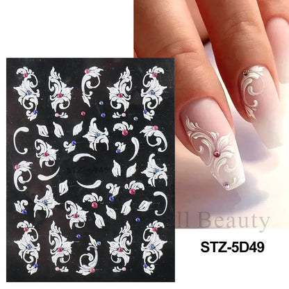 5D Pink Embossed Flowers Nail Sticker White Acrylic Lace Butterfly Adhesive Sliders Elegant Nail Art Decorations LASTZ-5D53