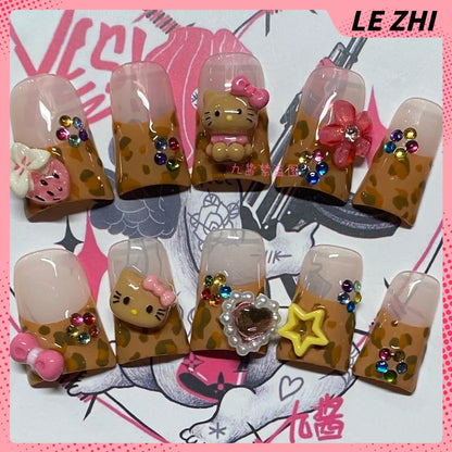 Kawaii Duck-bill Shape French Press on Nails Hello Kitty Leopard Print Hawaiian Black Bark KT Handmade Full Cover Nail Tips Gift