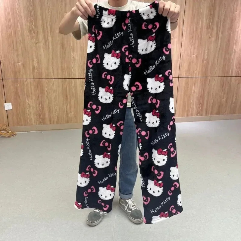 Sanrio Hello Kitty Flannel Pajamas Halloween Orange Women's Warm Woolen Cartoon Casual Home Pants In Autumn Winter Fashion Trous