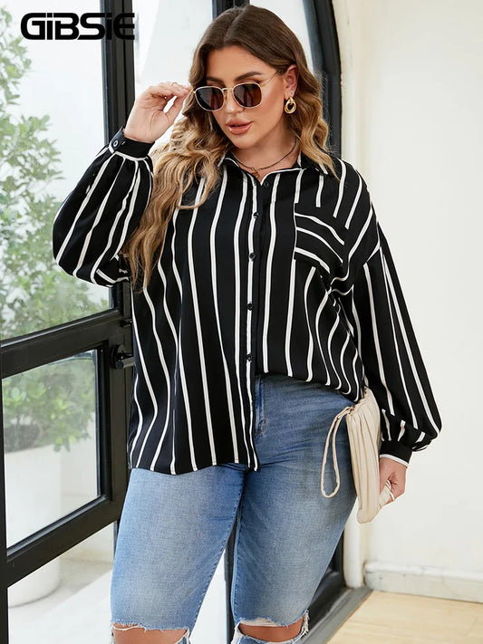 GIBSIE Plus Size Women Shirt 2023 Striped Long Sleeve Button Up Blouse Big Size Women Spring Fall Casual Korean Shirt Tops