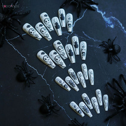 White False Nails With Spider Web Ghost Decor Lightweight And Easy To Stick Fake Nail For Manicure Lovers And Beauty Bloggers