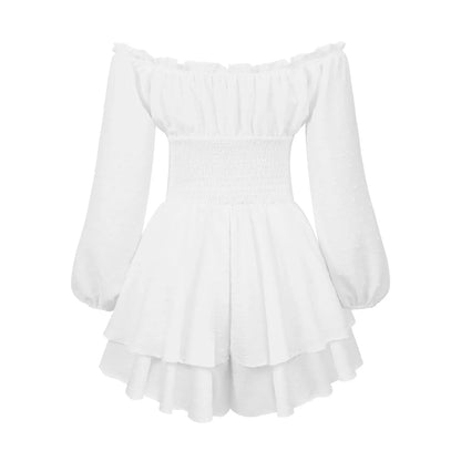 Ladies Ruffled Layered Chiffon Culottes Long Sleeve Crew Neck Off Shoulder Swing Mini Flowy Cotton Romper Dress Solid White 2024