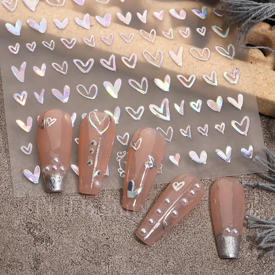 3D Holographic Silver Wave Lines Nail Sticker Decor Laser Heart Star Moon Adhesive Sliders Metal Geometry Stripe Manicure TH182