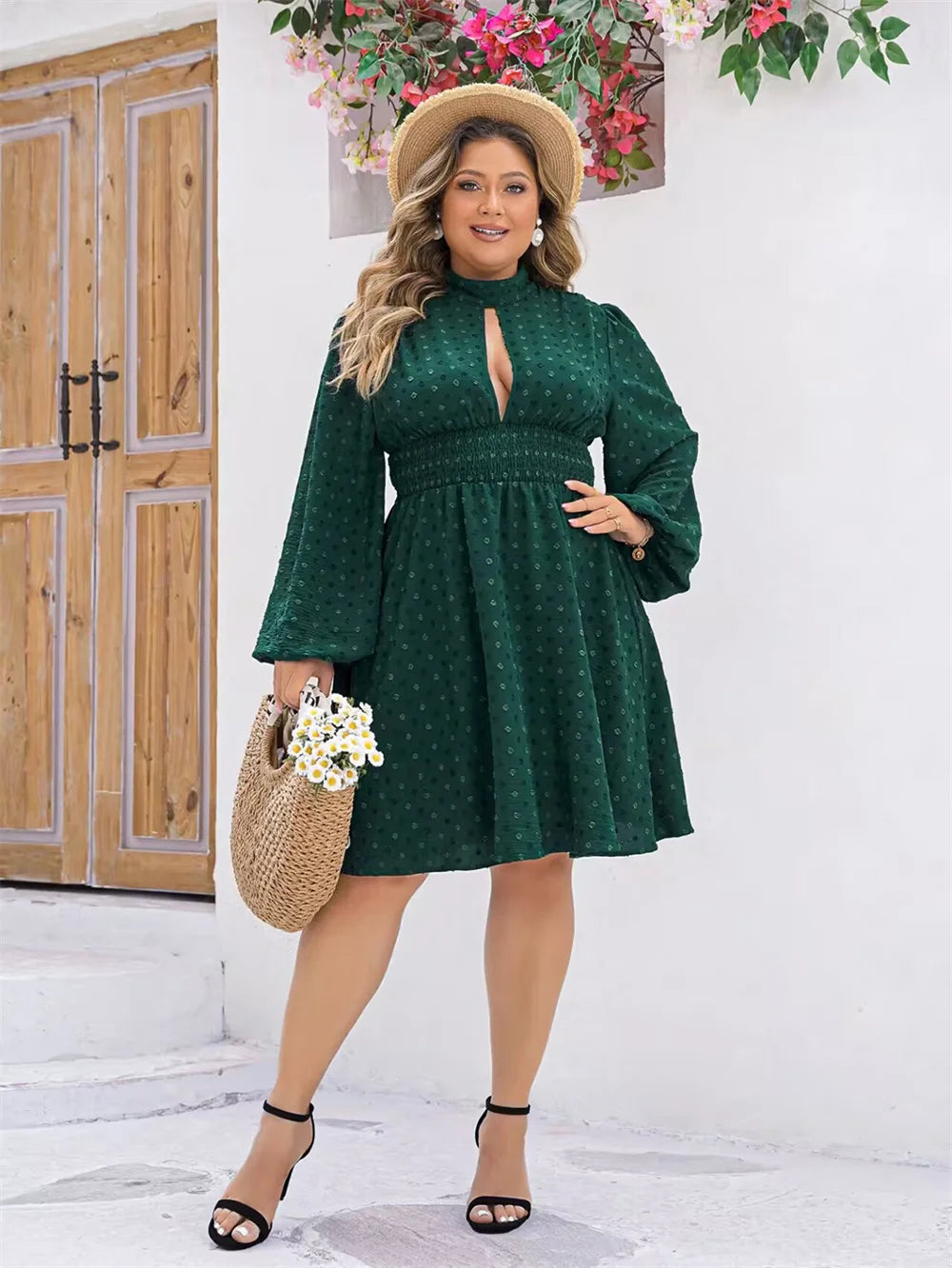 GIBSIE Plus Size Swiss Dot Cutout Mock Neck Dress Women 2024 Spring Summer Boho Long Sleeve Elastic Waist Short A-Line Dresses