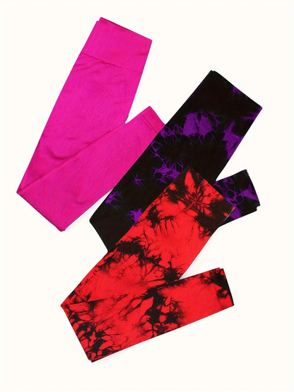 3pcs Tie Dye Sports Yoga Leggings, Seamless High Waist Tight Pants, Women's Activewear