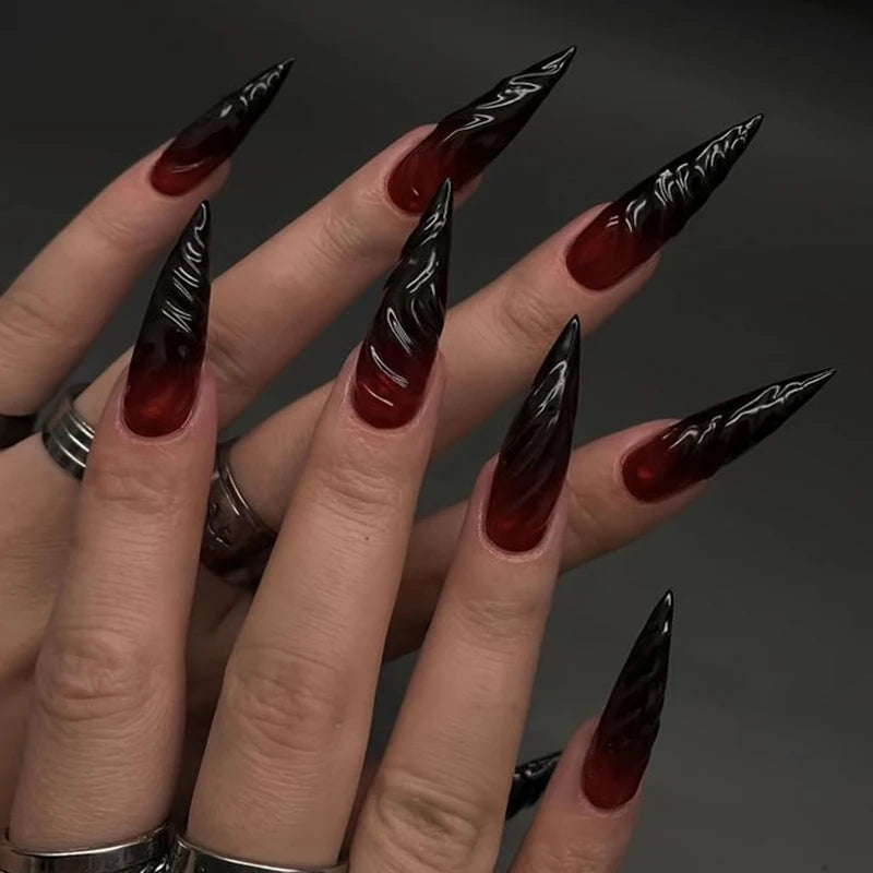 24Pcs Horror Comic Halloween False Nail Tomie Press on Nails Almond Glossy Black Japanese Anime Nails Reusable Tips for Girls