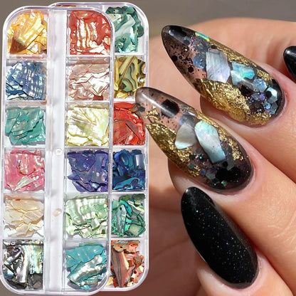 12Grids Glitter Mica Shell Nail Decoration Slice Texture Nail Sequins Broken Glass Mica Glitter Nails Accessories