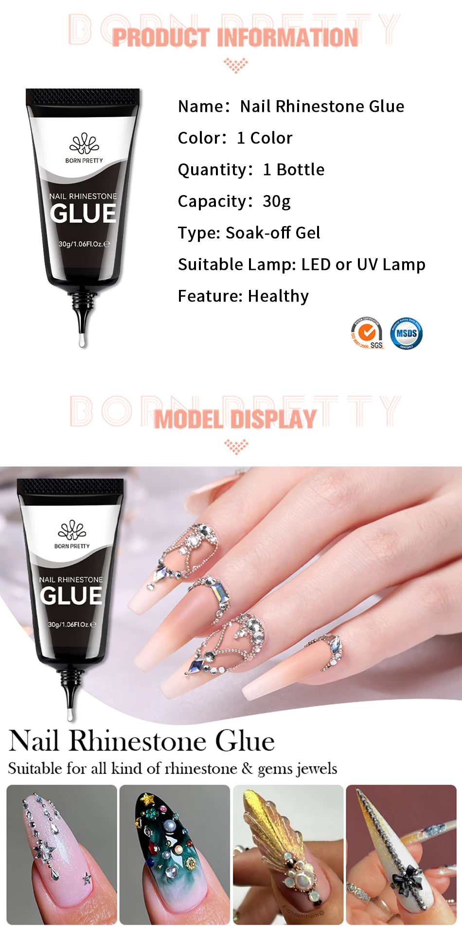 BORN PRETTY Nail Rhinestone Glue 30ML Gel Nail Glue for Nail Charm 3D Nails Bling Gel for Decoration Nails Gems Nail supplies