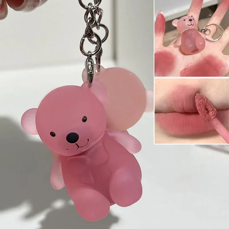 Cute Bear Keychain Lip Mud Matte Velvet Mousse Grey Pink Lipstick Waterproof Long Lasting Non-Stick Cup LipGloss Korean Cosmetic