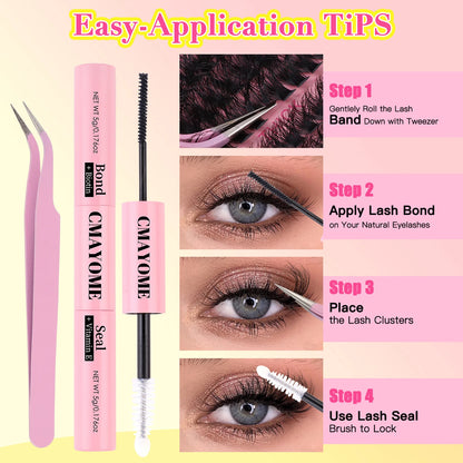 Fluffy Cluster Lashes set Bond and seal Glue Applicator kit Russian thick D Curl Natural eyelash Extension DIY Makeups supplies