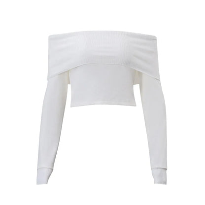 Sexy Tops Off Shoulder Long Sleeve Sweater Women's Autumn Winter 2024 New Elegant Knitted Slim Fit Short Skinny Pullover