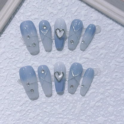 10Pcs Blue Handmade acrylic Nails Set Press on Professional Full Cover Nail Tips Manicure Angel Rose Design Wearable False Nails