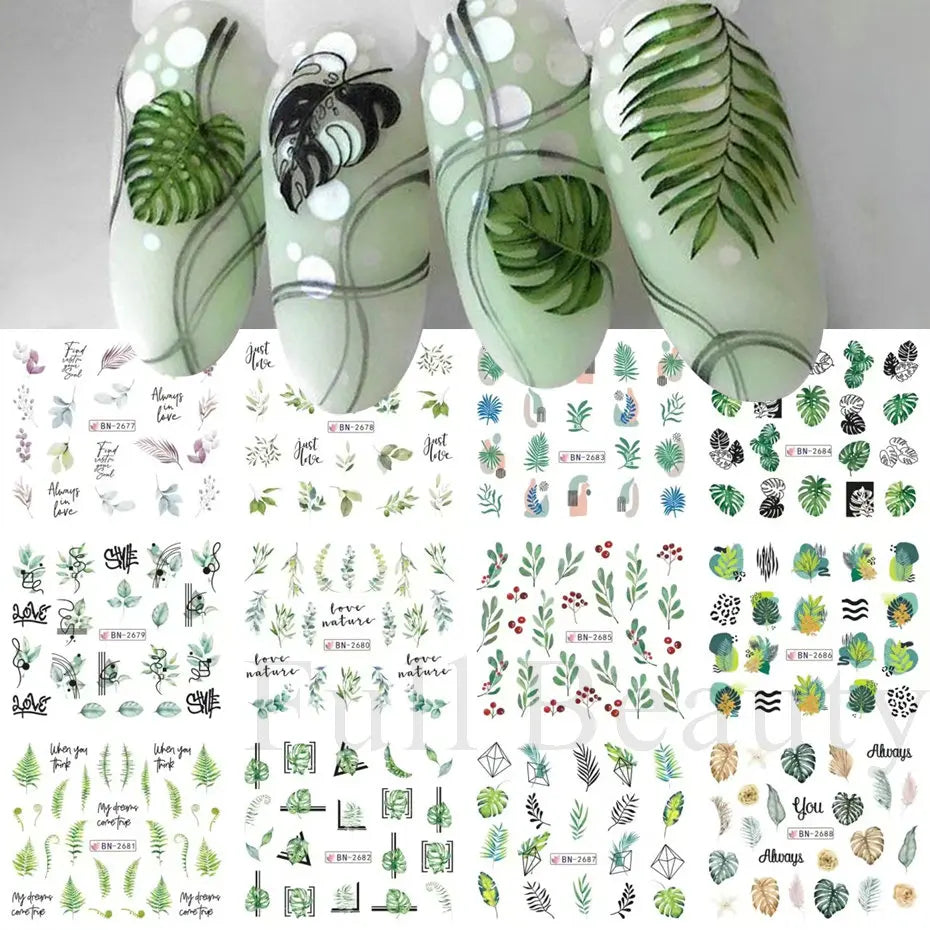 12pcs Green Palms Leaf Water Transfer Nail Sticker Summer Tropical Plants Decals Watermark Slider for Nail Art Decoration Tips