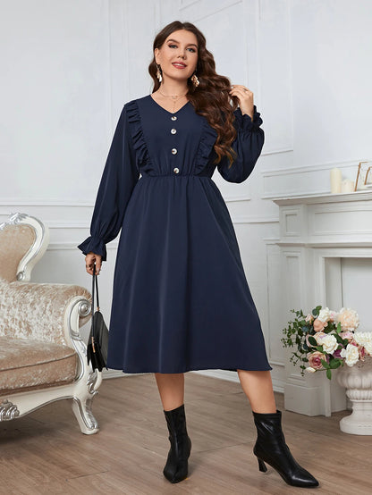 GIBSIE Plus Size Solid Button Front Frill Trim Midi Dresses Women Spring Fall Casual Long Sleeve Female Elastic A-Line Dress