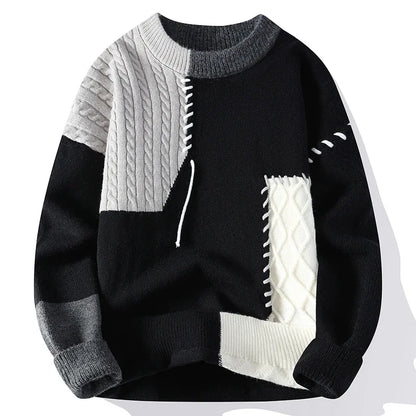 2023 New Patchwork Sweater Trend High Street Fashion Autumn and Winter Warm Men's Top Hip-hop Street Clothing