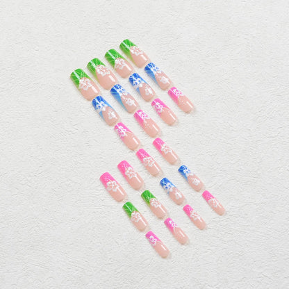 24pcs Press on Nails Detachable with white small flowers Fake Nails French Ballerina False Nails Full Cover Nail Tips