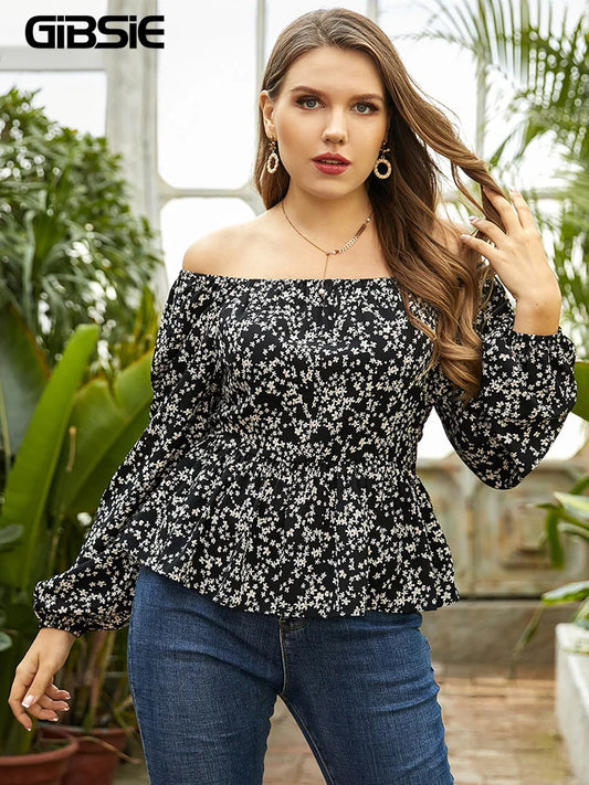 GIBSIE Floral Print Off The Shoulder Tops for Women Plus Size Peplum Blouse Long Sleeve Casual Fashion Spring Summer Fall 2023