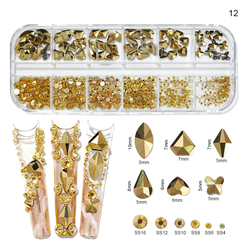 12Grids Mixed-Shape Gold Diamond Nail Rhinestones Non Hot Fix Flatback Crystal Charms 3D Glitter Nail Rhinestones Maincure Decor