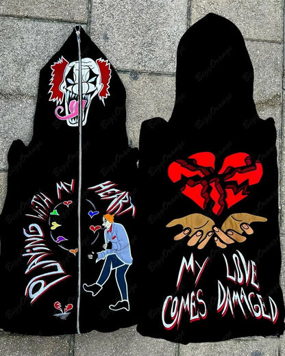 American autumn and winter clown heartbreak pattern black hooded coat y2k women's lax High Street Gothic zippered cardiga hoodie