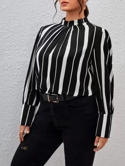 GIBSIE Plus Size Black And White Striped Shirt Tops Women Spring Autumn Stand Collar Long Sleeve Office Ladies Casual Blouses