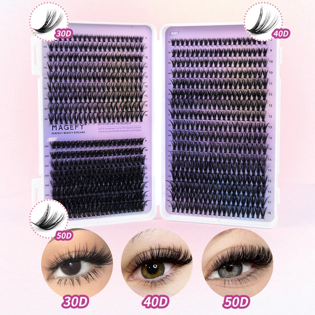 MAGEFY DIY Lashes Extensions Kit 800pcs Lash Clusters 80D/100D Wispy Individual Lashes Mix 9-18mm Cluster Eyelash Extension