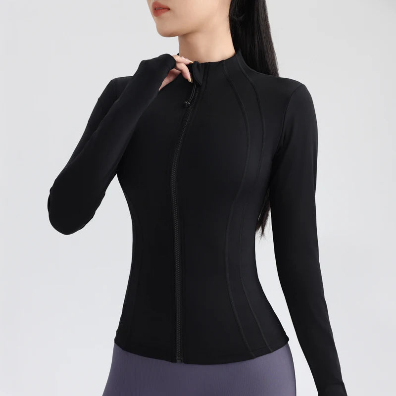 Gym Women's Full Zip Yoga Top With Thumbholes Fitness Running Jacket Stretch Fit Long Sleeve Round Neck Top Sportswear