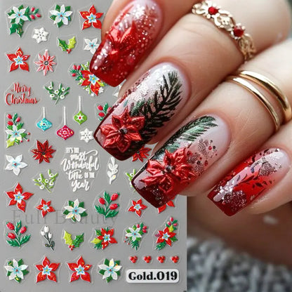 5D Blue Snowflakes Stickers for Nails Aurora Christmas Flowers Leaf Sliders New Year Adhesive Decals Xmas Manicure Decor Tips