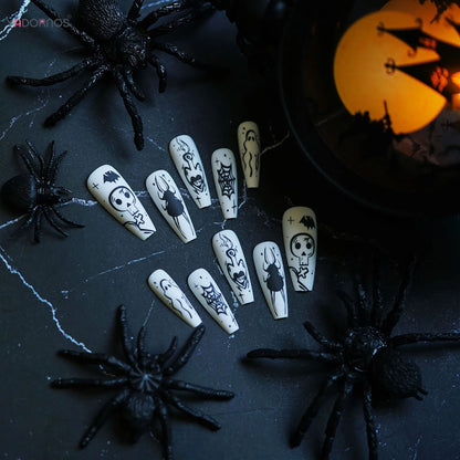 White False Nails With Spider Web Ghost Decor Lightweight And Easy To Stick Fake Nail For Manicure Lovers And Beauty Bloggers