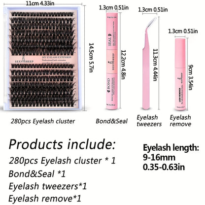 DIY Lash Extension Kit 280pcs Individual Lashes Cluster 9-16mm Mix 40D50D60D80D with Lash Bond and Seal and Remover Lash