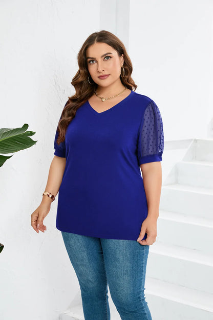 GIBSIE Plus Size Solid V-neck Swiss Dot Puff Short Sleeve T Shirt Women 2023 Fashion Summer Loose Casual Female T-Shirts Tops