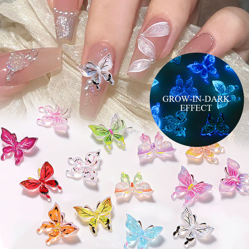 30Pcs Luminous Butterfly Nail Charms Glow In The Dark Parts 5D Nail Art Manicure Accessories Nail Decoration Supplies