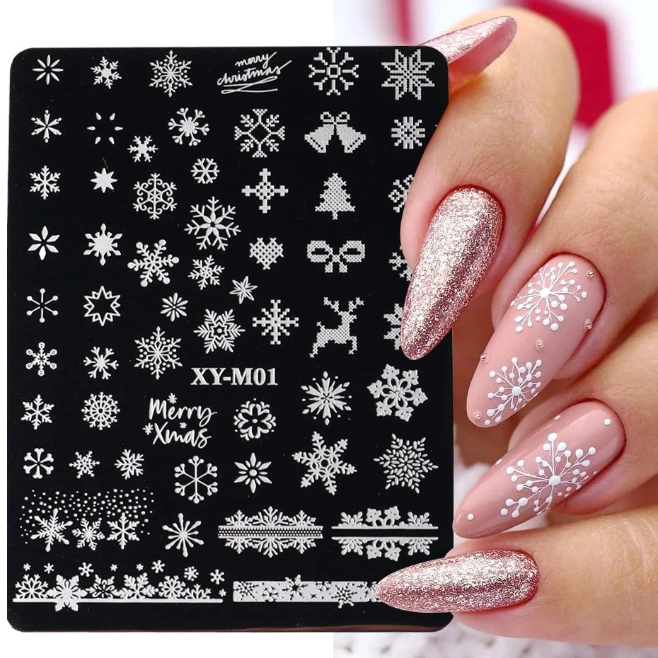 Christmas Nails Stamping Plates Snowflakes Elk New Year Letters Template Xmas Light Ball Gift Design Stamp Printing Stencil Tool